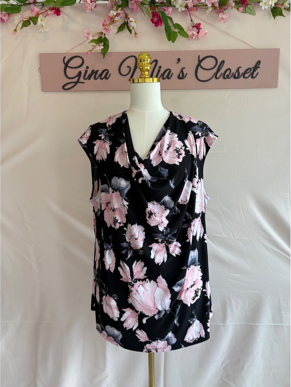 Women's Sleeveless Black Top with Pink Floral Print and Draped Neckline